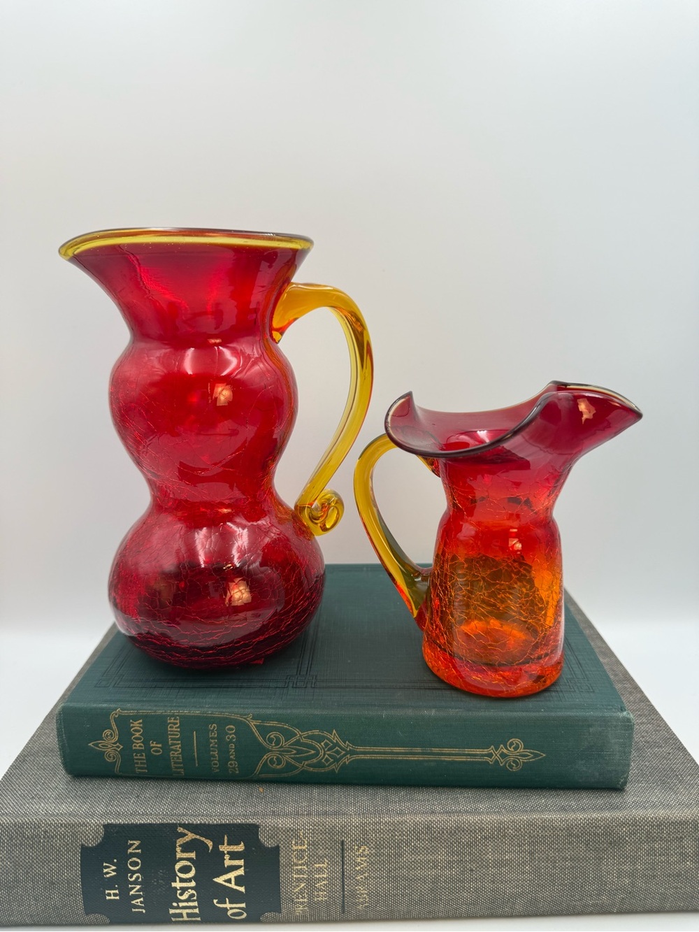 2 Vintage Amberina Crackle Glass Pitchers With Applied Handles
